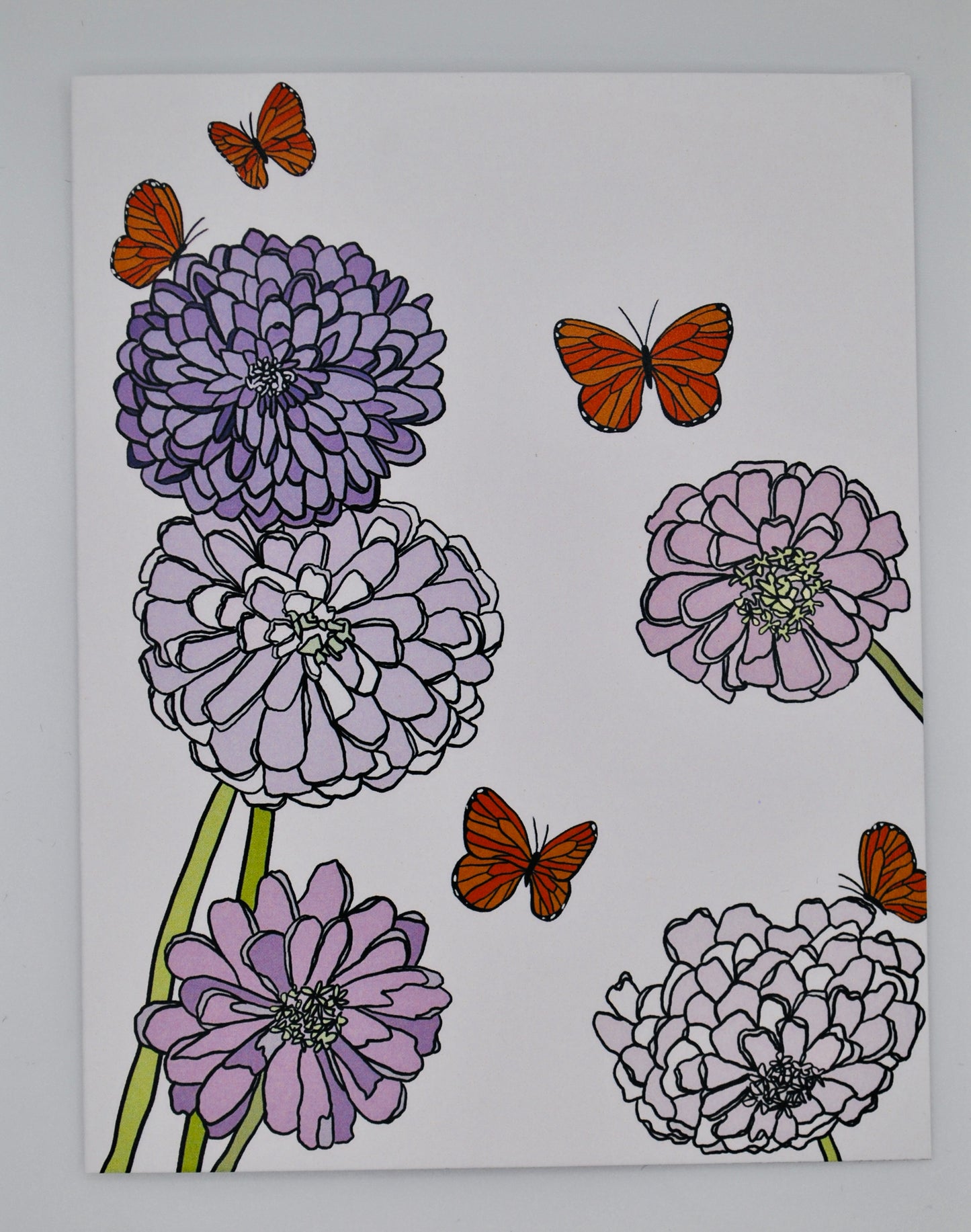 notecard - purple zinnias and butterflies