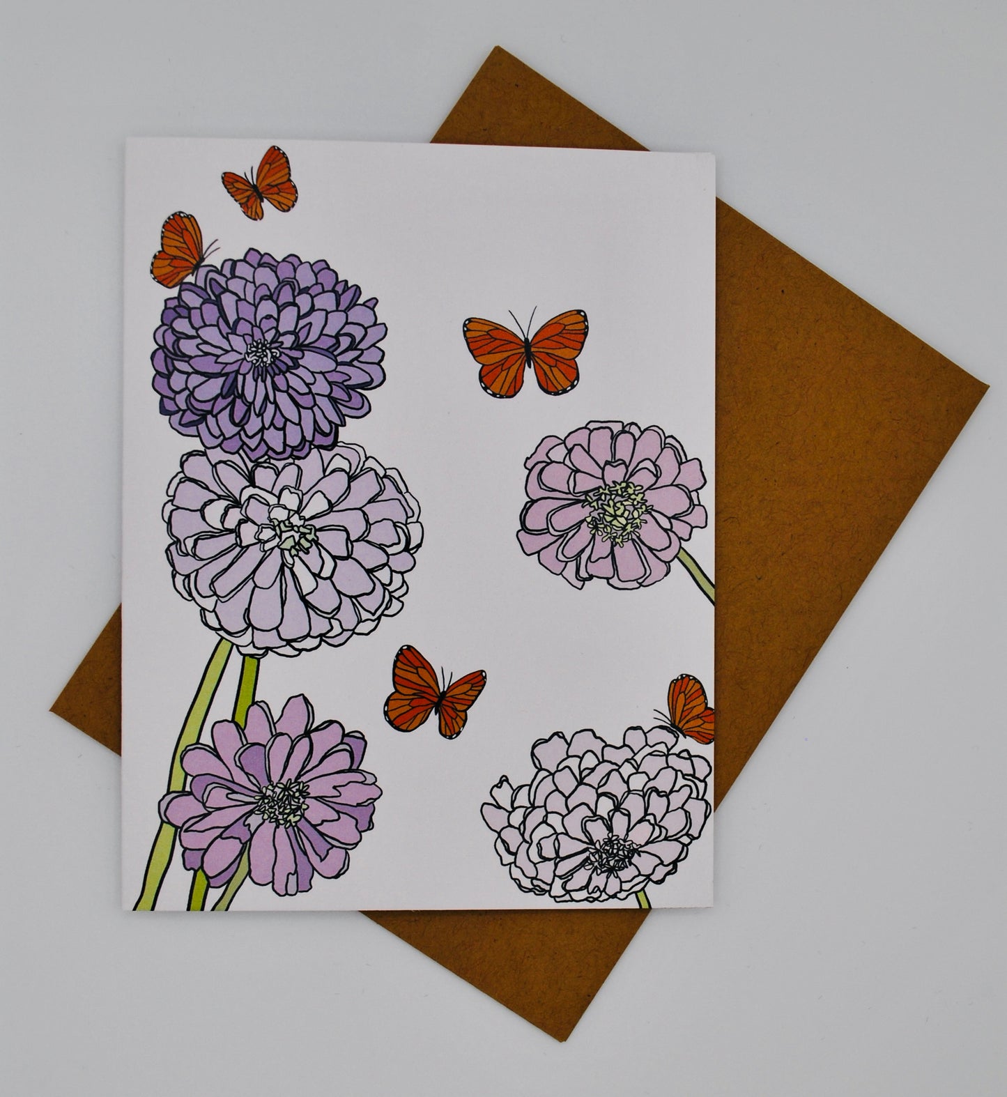 notecard - purple zinnias and butterflies