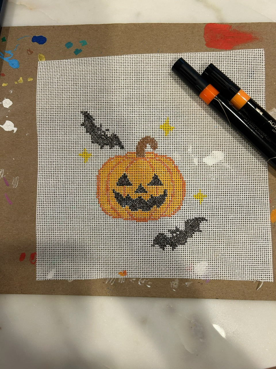 Halloween Needlepoint Canvas (pumpkins & bats)