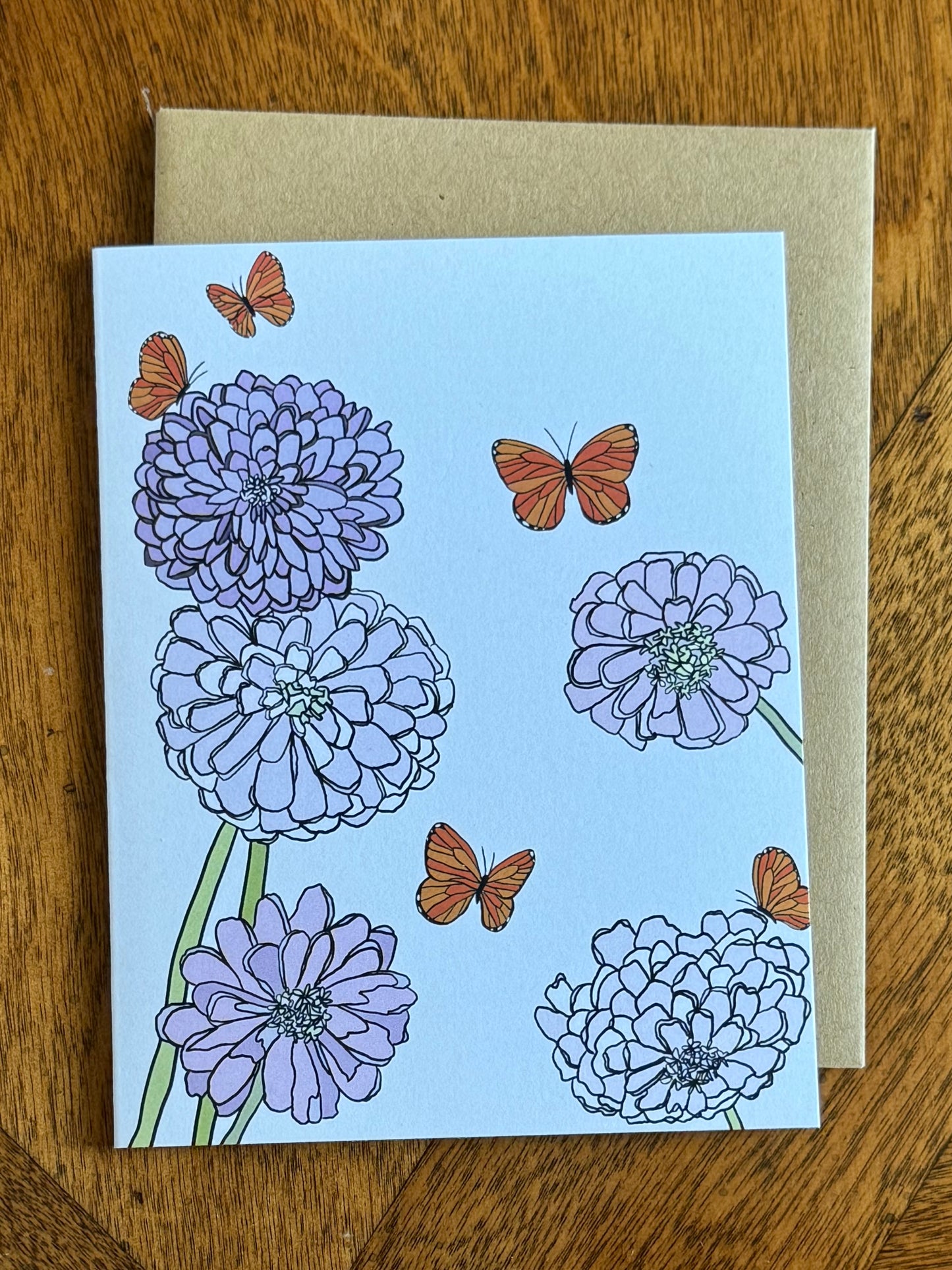 notecard - purple zinnias and butterflies