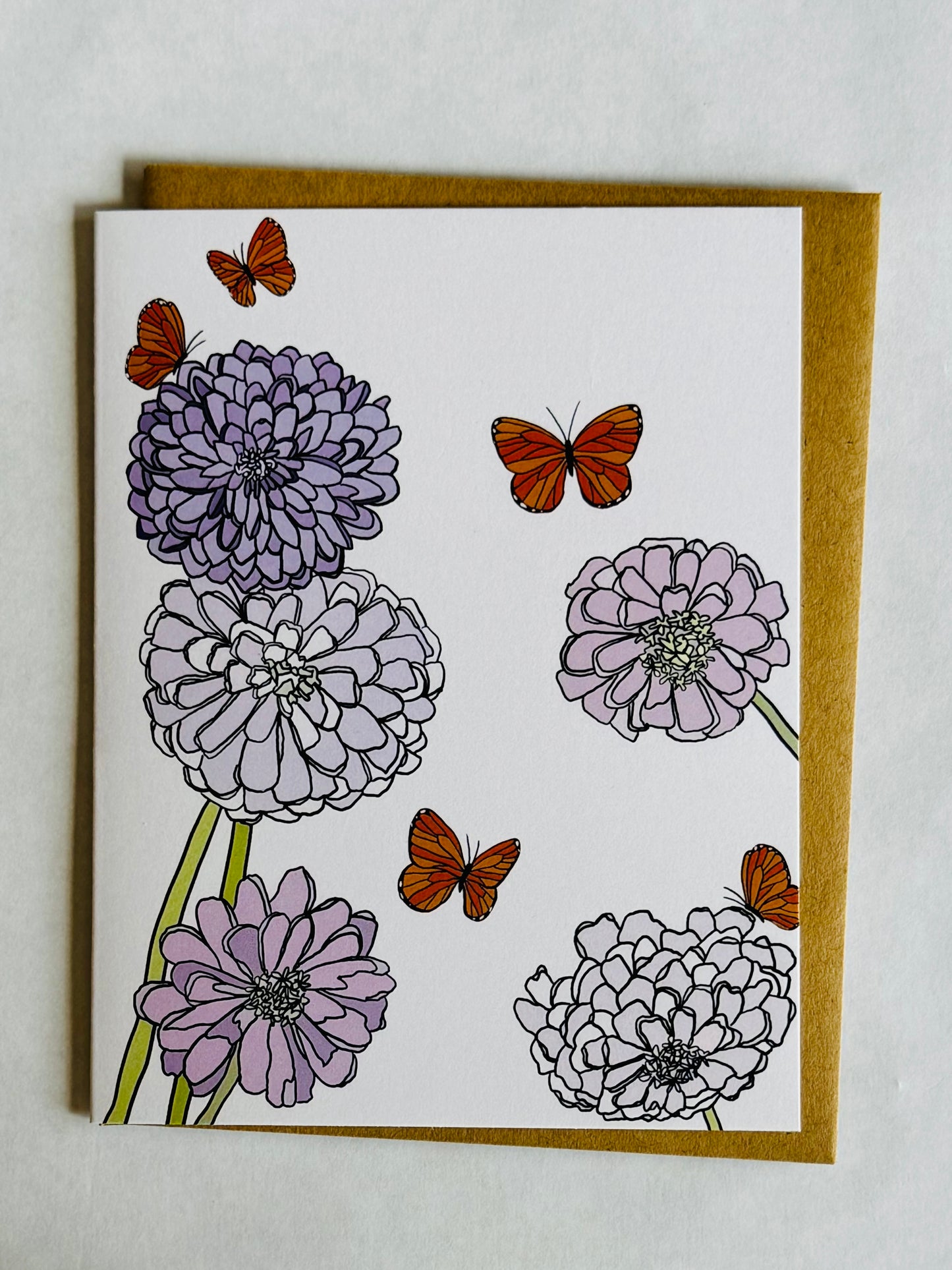 notecard - purple zinnias and butterflies